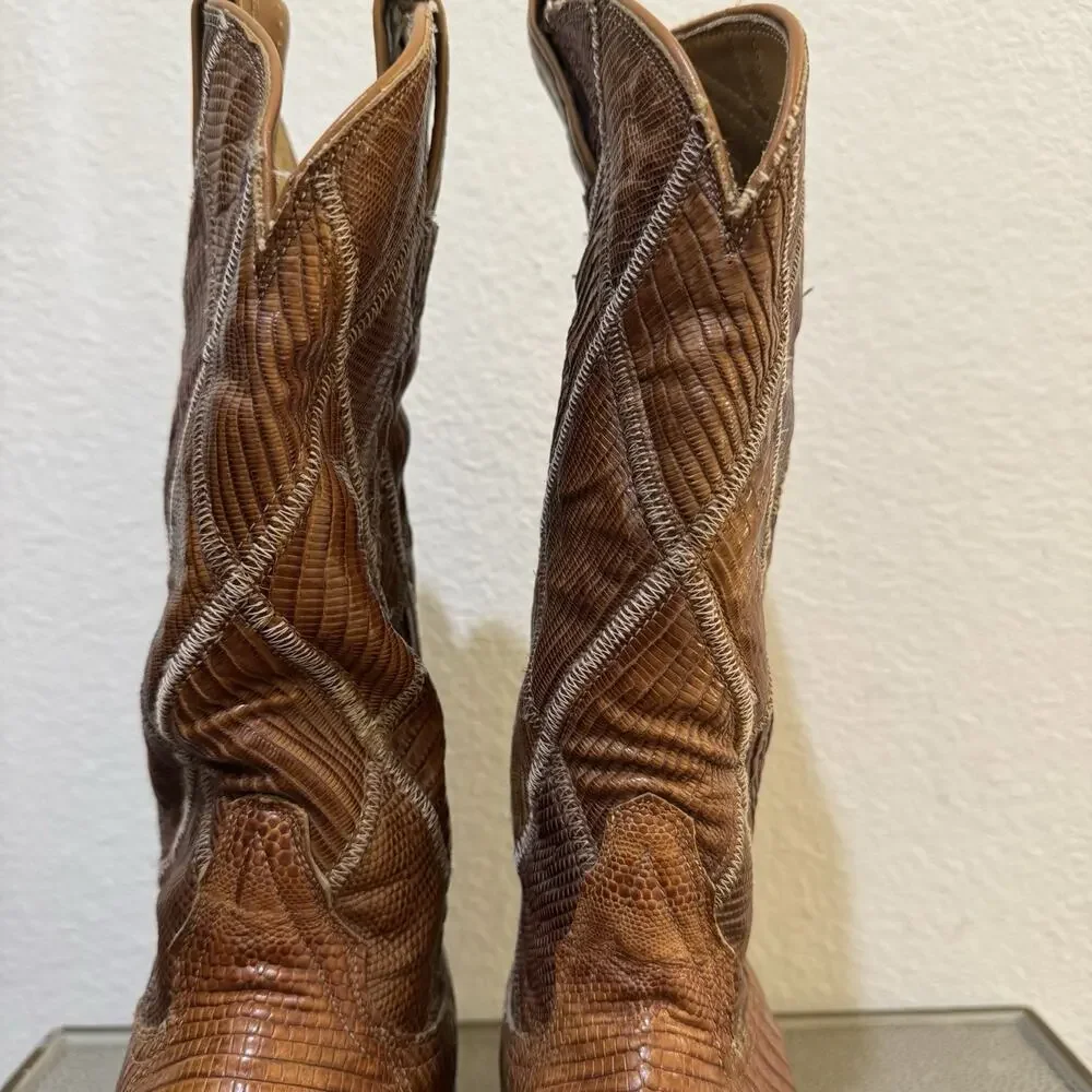 Tony Lama Vintage Gold Label Teju Lizard Patchwork Cowboy Boots Size Mens 10